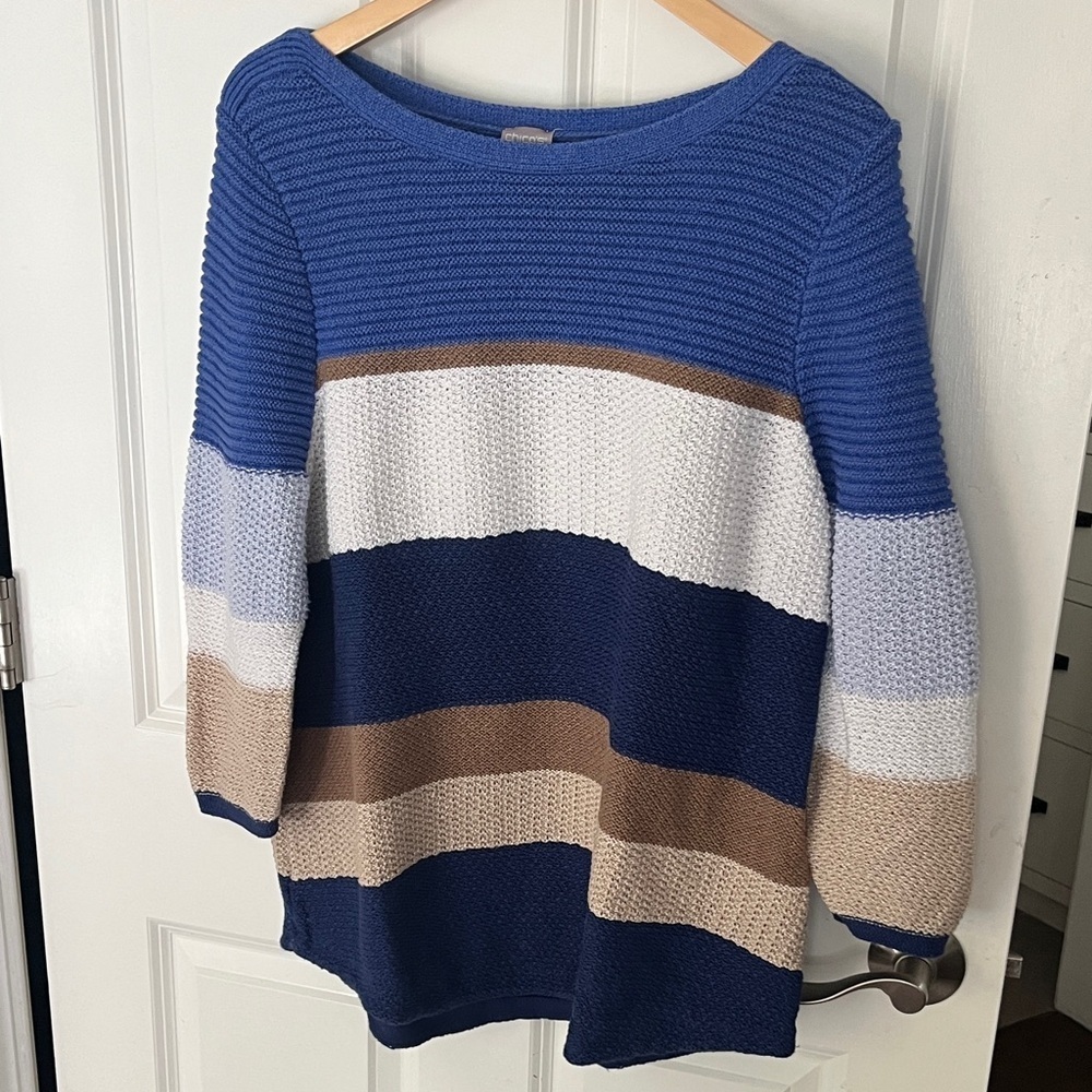 Chico's Women's Blue, White, and Tan Striped knit Sweater Sz XL = 3